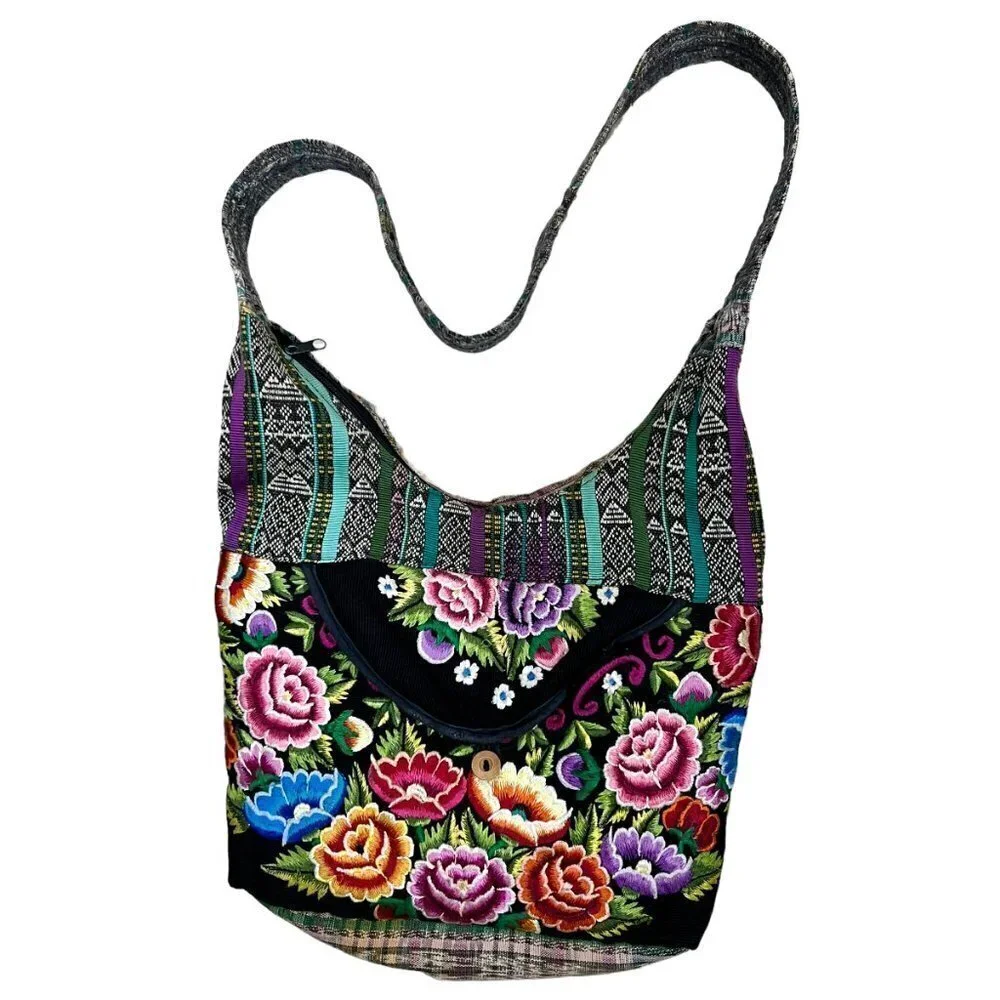 Boho Messenger Hobo Bag Purse Embroidered Floral Colorful Hippie Artisan